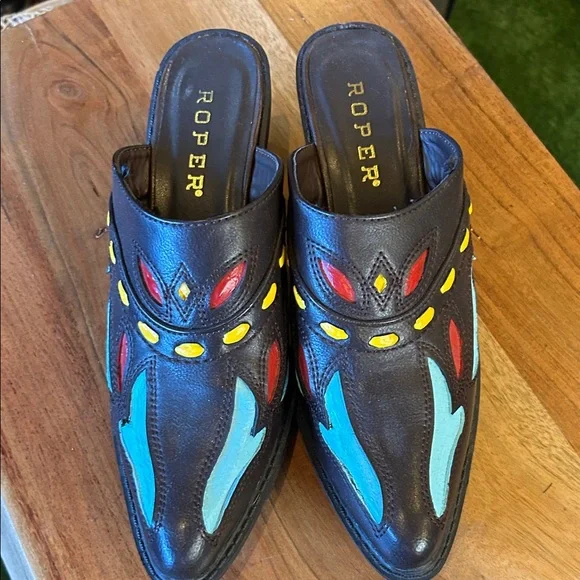 Roper Brown Mules with Vibrant Accents - Picture 3 of 7